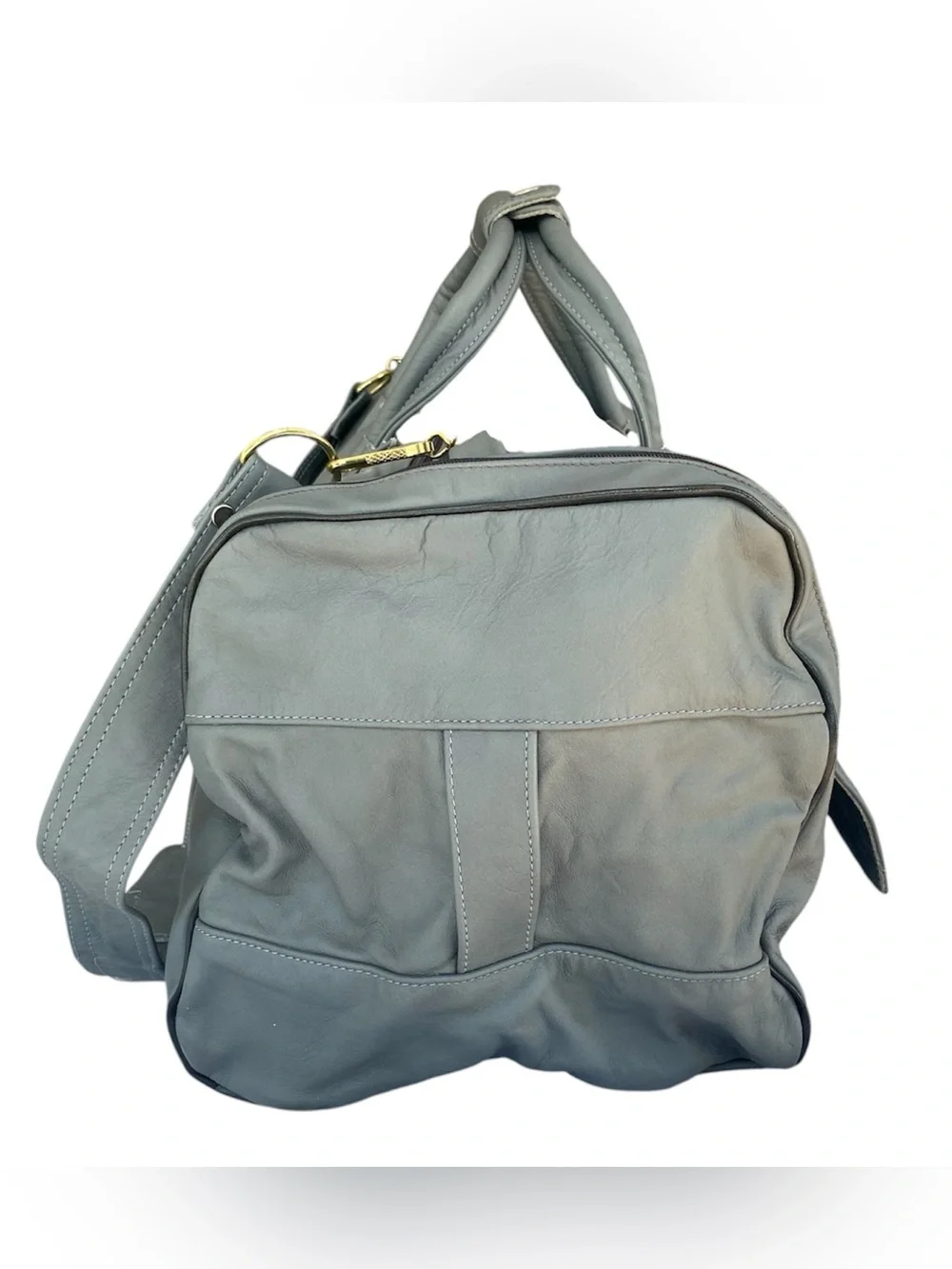 Vintage Leather Duffel Carryall Weekender Bag Gray